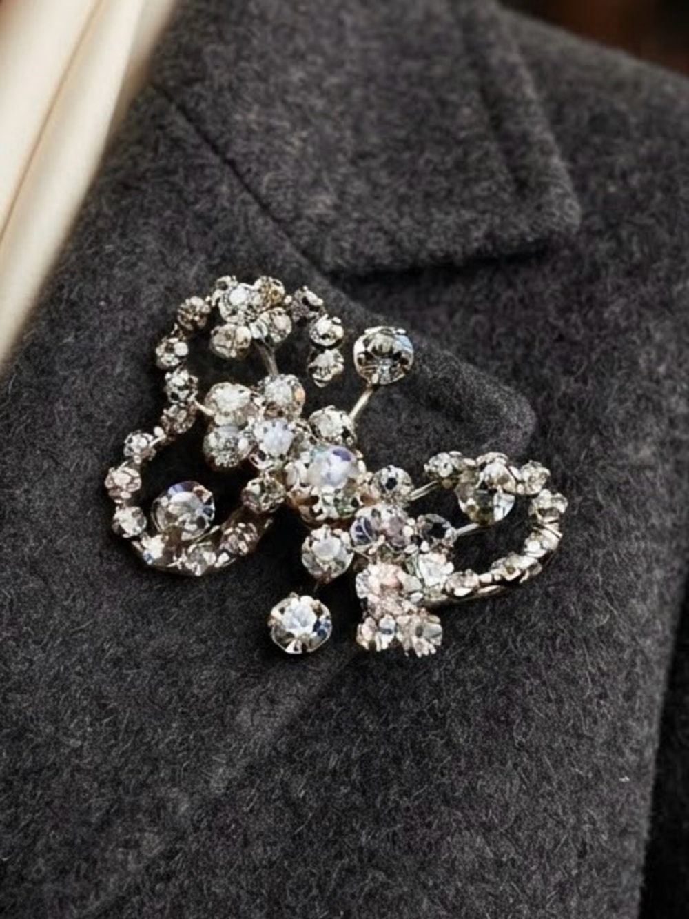 Crystal Floral Butterfly Brooch - Clear Rhinestone Accent